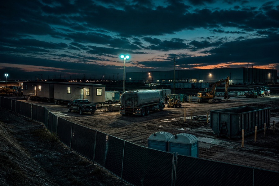 Texas fleet and service yard with temporary site-service equipment nearby