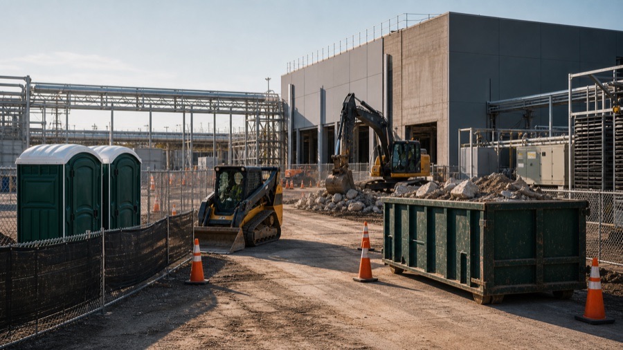 Texas industrial warehouse site with vendor service equipment and fenced access