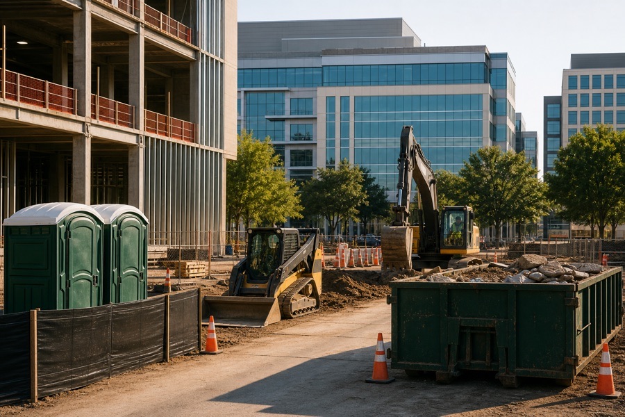 Dense Dallas urban construction site with fenced staging and temporary services